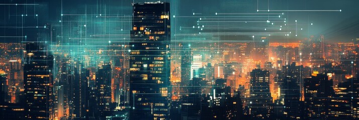 Fototapeta premium A futuristic cityscape with towering skyscrapers illuminated by glowing lights, representing urban development, technology, connectivity, and innovation.
