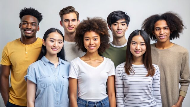 A diverse group of six young adults with neutral expressions pose in a row, showcasing different ethnicities and hairstyles against a plain white background.