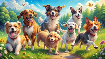 Obraz premium Adorable colorful illustration of diverse breeds of happy dogs playing, running, and cuddling, showcasing their unique personalities and characteristics in a whimsical setting.