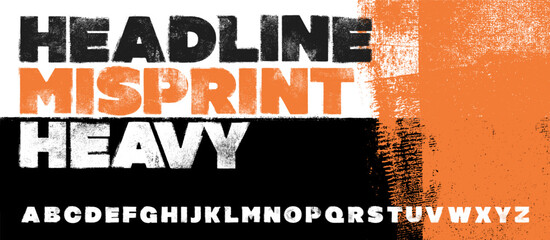 Rough Misprint Texture Headline Heavy Font. Rolled Ink Letterpress Display Font. Works well at large sizes. Highly detailed individually textured characters with a really rough, print texture.