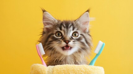 Cute Kitten with Toothbrushes