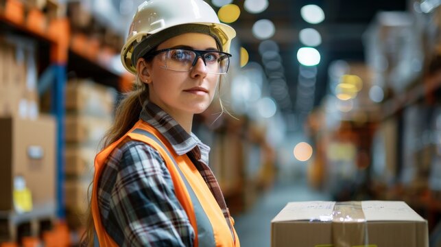A woman wearing a hard hat, safety glasses, and an orange safety vest, stands in a warehouse setting with shelves and boxes in the background, ready for work. - Powered by Adobe