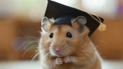 An adorable hamster sports a graduation cap, exuding a sense of accomplishment and cuteness, making it an endearing representation of tiny graduates.