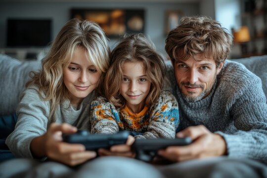 A family in tech-related activities at home. Generative AI