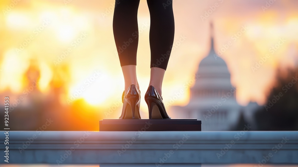 Sticker Woman in business attire looking determined as she confidently steps onto a podium to receive an award for her achievements.