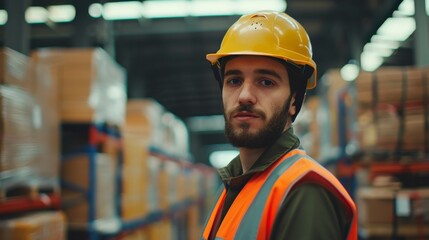 A young warehouse worker glances under his yellow helmet and bright orange safety vest while standing amidst neatly organized shelves of inventory in a bustling warehouse.