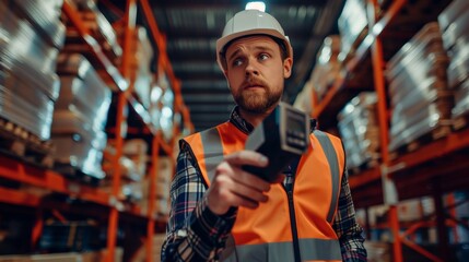 A serious warehouse worker uses a barcode reader to scan inventory while wearing a white hard hat and neon orange safety vest, surrounded by shelves stocked with merchandise.