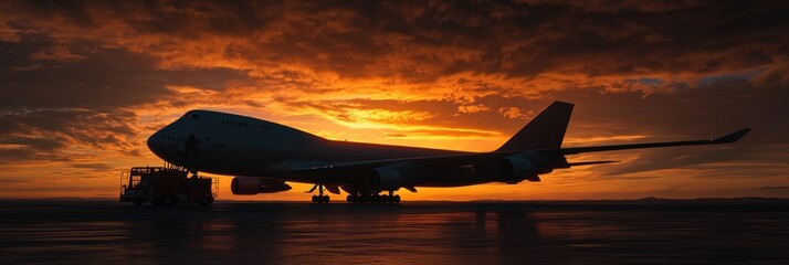 A large passenger airplane stands on the tarmac, silhouetted against a vibrant orange sunset. The image captures the anticipation of travel, adventure, and the promise of new horizons.