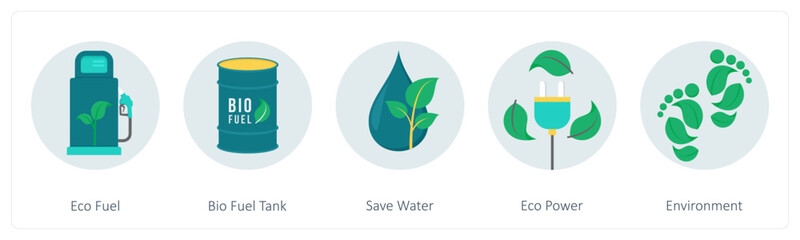 A set of 5 ecology icons as eco fuel, bio fuel tank, save water