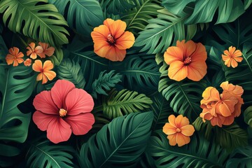 Fototapeta premium A background with tropical leaves and exotic flowers. Generative AI