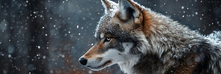 Fototapeta premium A lone wolf stands in a snowy forest, gazing into the distance. The image symbolizes resilience, strength, solitude, and the beauty of nature.