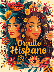 Naklejka premium Bold and vibrant illustration with Orgullo Hispano text and floral elements, Hispanic pride