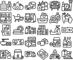 Mega Set Of Vector Grocery Isolated Silhouette Solid Icons With Bottle,Food,Store,Shopping,Grocery Set Vector Flat Line Icons