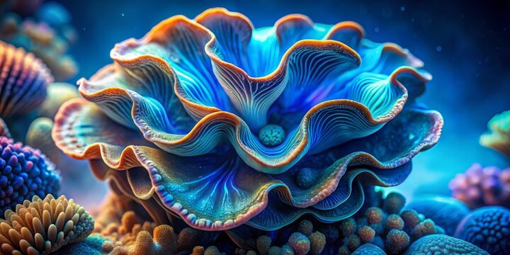 Vibrant blue background showcases an intricately detailed, giant clam-inspired mushroom with mesmerizing iridescent patterns and textures, resembling a stunning sea shell in a surreal macro close-up.