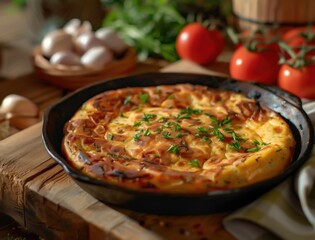 Close up photo of Spanish omelette Tortilla Espanola on rustic wooden table