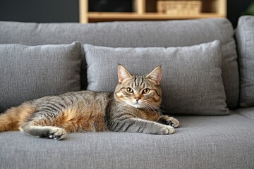 Obraz premium Cute tabby cat lying on grey sofa in living room at home
