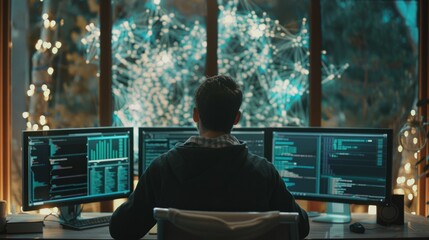 Data scientist working with neural network code on multiple screens, illustrating advanced machine learning techniques