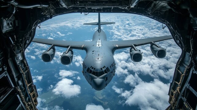 A military cargo plane soars through the clouds, with its powerful engines and distinctive silhouette visible from the perspective of another aircraft.  This image symbolizes power, transportation, mi