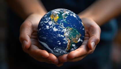 Person holding a globe representing Earth while standing against a blurred background