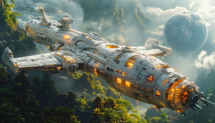 Spaceship flying over a jungle planet