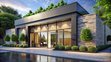 A modern, sleek storefront with a large, customizable logo mockup on the facade, surrounded by elegant stonework and verdant greenery, under a bright blue sky.
