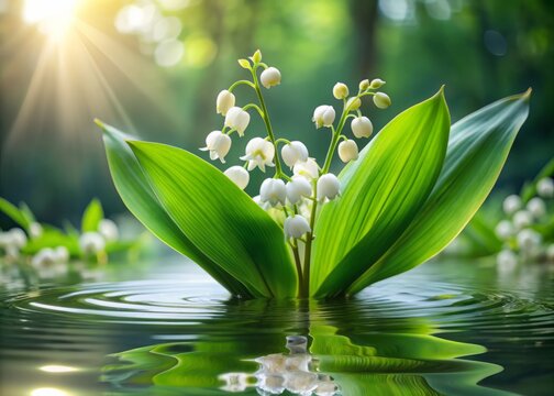 Delicate white lily of the valley flowers float gently on the surface of a serene water pond surrounded by lush green foliage and soft ripples.