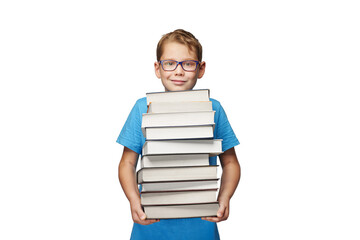 Boy with many books. Education, learning concept isolated on free png background.