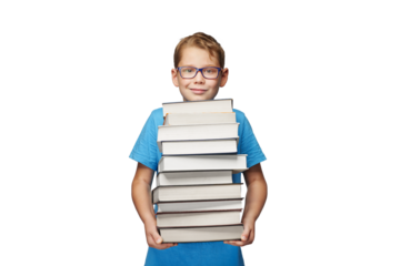 Boy with many books. Education, learning concept isolated on free png background.