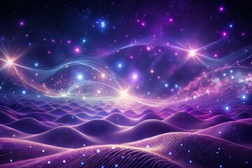 Fototapeta premium Vibrant purple waves of abstract particles undulate across a starry night sky, twinkling with shining dots and celestial lights on a mesmerizing digital background.