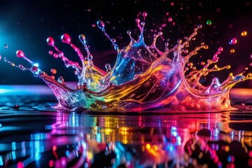Vibrant neon lights reflected in a dynamic splash of water, creating a mesmerizing fusion of color and motion on a dark, high-contrast background.