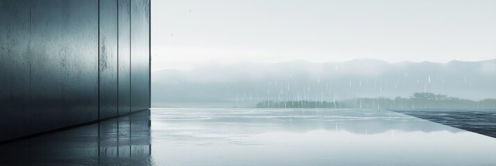 Naklejka premium A modern concrete structure with a large window overlooking a foggy landscape. The reflection in the wet floor creates a sense of depth and mystery. This image symbolizes minimalism, nature, reflectio