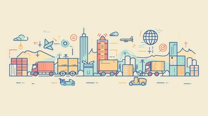 Fototapeta premium A modern city skyline with trucks, cargo containers, and airplanes, symbolizing global trade, efficient supply chains, seamless delivery, international shipping, and worldwide connectivity.