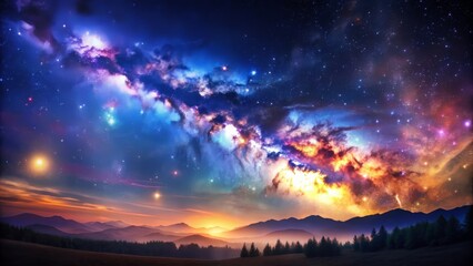 Fototapeta premium Vibrant celestial gradients of midnight blue seamlessly transition to cosmic violet, capturing the mystique of a starry night sky in a breathtaking stellar panorama.