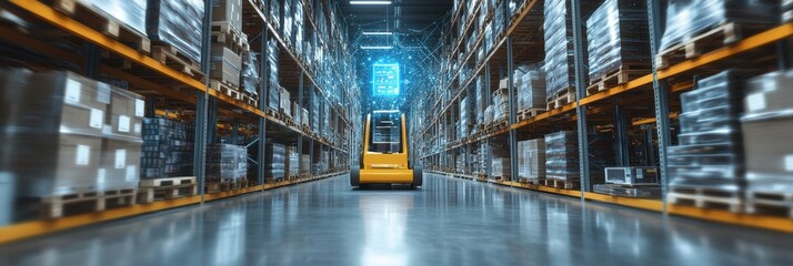 A modern warehouse with a yellow forklift driving down the aisle, surrounded by shelves stacked with boxes, highlighting the concept of automation, logistics, technology, efficiency, and supply chain.