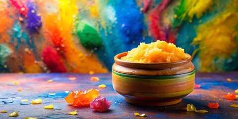 Artistic sugar scrub in a handmade ceramic vessel on a vibrant colored background with bold brushstrokes and a touch of abstract expressionism