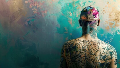 Vibrant tattoo art showcased on a person's back against a colorful abstract backdrop