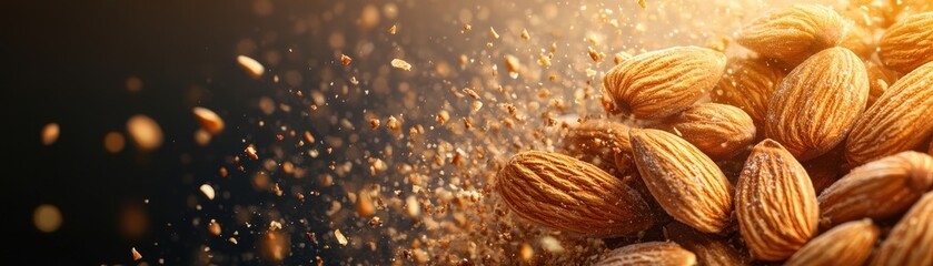 Close-Up of Almonds in Motion with Golden Lighting and Dark Background