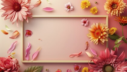 Colorful floral arrangement with a blank frame on a soft gradient background