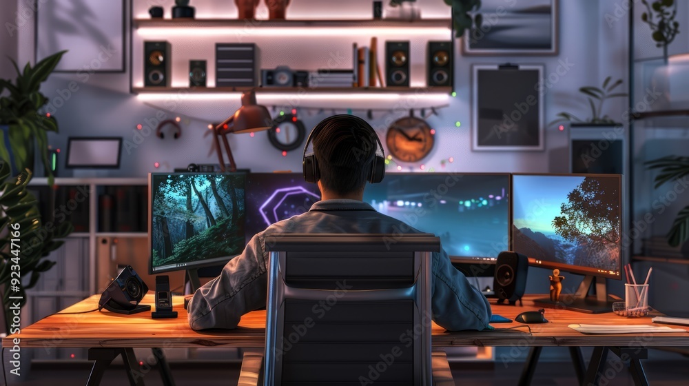 Wall mural freelancer managing multiple projects at home, surrounded by tech gadgets and organized workspaces
