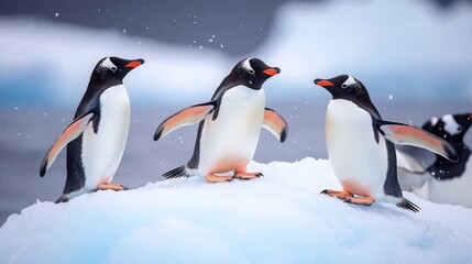 Obraz premium Gentoo penguins on an iceberg in Antarctic waters playing