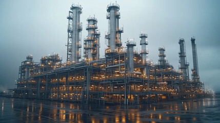 Industrial oil refinery with large storage tanks and pipelines, showcasing the scale of operations and efficient infrastructure. Highlights safety and logistics in oil production.

