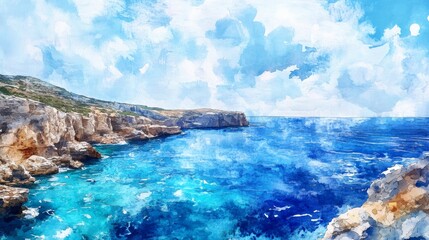 Obraz premium A picturesque coastal landscape featuring rocky cliffs, clear blue water, and a bright blue sky with wispy clouds. The scene symbolizes peace, tranquility, natural beauty, and the allure of coastal li