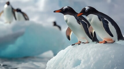 Obraz premium Gentoo penguins on an iceberg in Antarctic waters playing