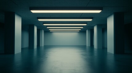 Fototapeta premium A spacious, dimly lit interior with fluorescent lights, creating a modern, industrial atmosphere.