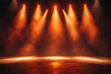 Obraz premium Empty stage with red yellow spotlights, ,Free stage with lights and smoke, conser, show, party, Presentation concept. red yellow spotlight strike on black background 