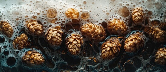Close-Up of Hops in Fermenting Beer with Bubbles and Foam - Brewing Process and Ingredients