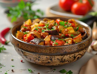 Rustic Pisto with Fresh Zucchini and Eggplant, Spanish Vegetable Stew Close Up