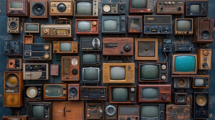 An image featuring a wall covered with vintage televisions and radios. The different styles of the devices add depth and texture to the shot. The photo is in high resolution with clean details, and
