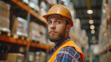 A serious worker with a beard wearing a safety vest and helmet, standing in a busy warehouse with shelves stocked with boxes. He seems to be inspecting the surroundings.