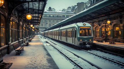 Naklejka premium Electric train station in Paris, with snow-covered platforms and vintage-style station signage creating a nostalgic winter atmosphere.